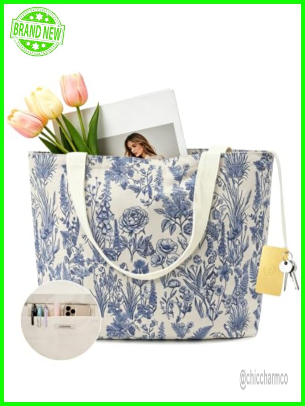 Large Canvas Tote Bag with Zipper Inner Pocket Key Hook Wide Handle